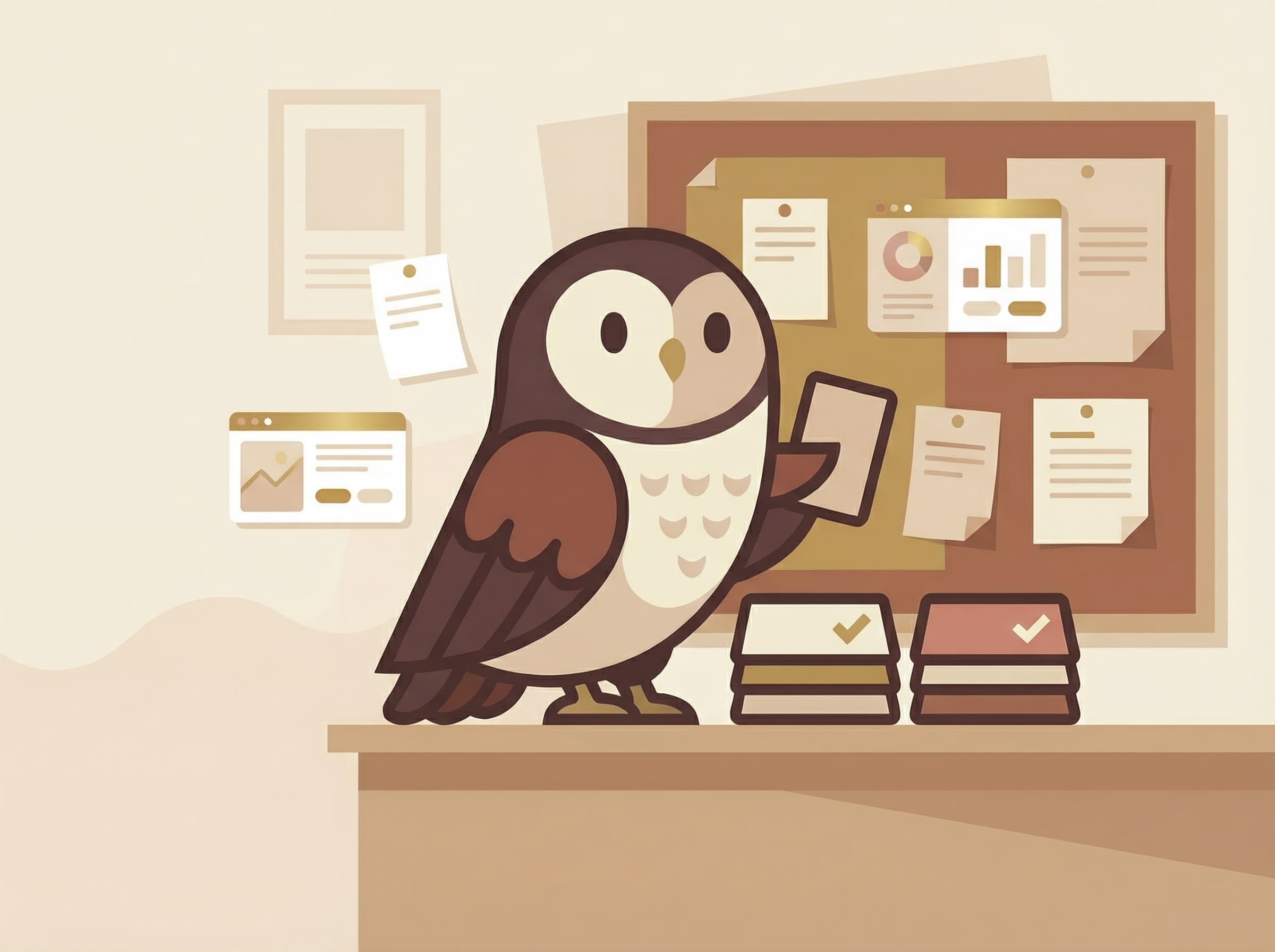 JotReview — feedback management illustrated by an owl organizing notes on a board